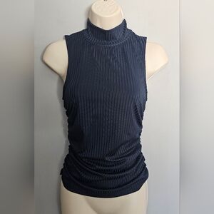 Veronica Beard Top Women's Size XS Navy Blue Sleeveless Ribbed Mock Neck Ruched